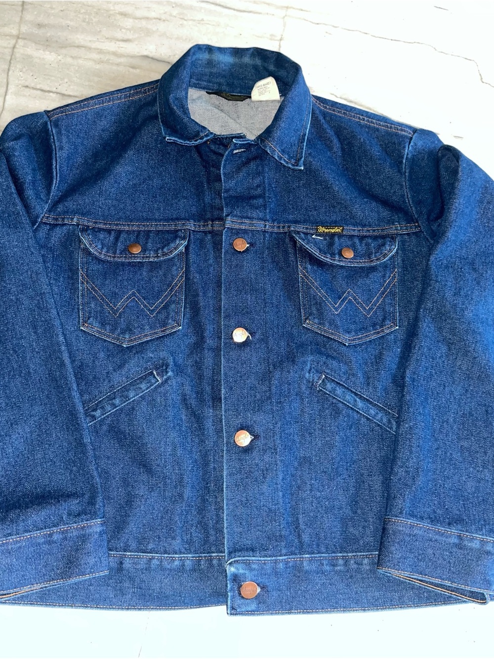 VTG Wrangler No-Fault Denim 14oz Trucker Jean Jacket USA Blue Sz 46 74126NV EUC